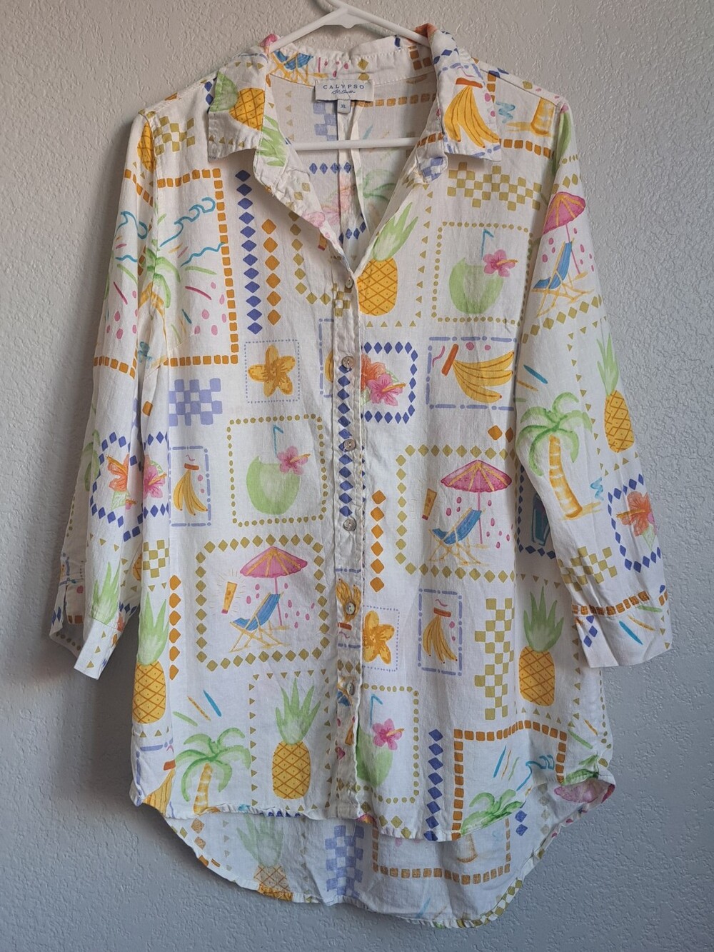 Calypso St. Barth Linen Rayon Blend Fun Tropical Vacation Summer Print Blouse XL